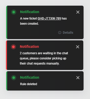 Captură de ecran care arată notificările pop-up ale LiveAgent