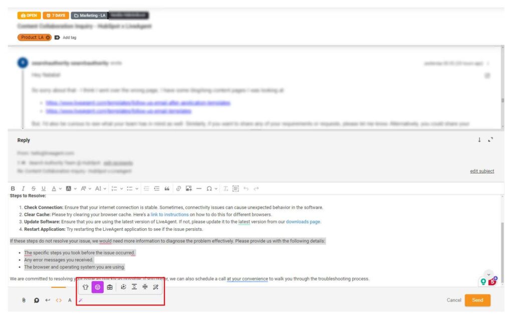 Imagine a funcției AI Assistant evidențiată în tichetul de asistență