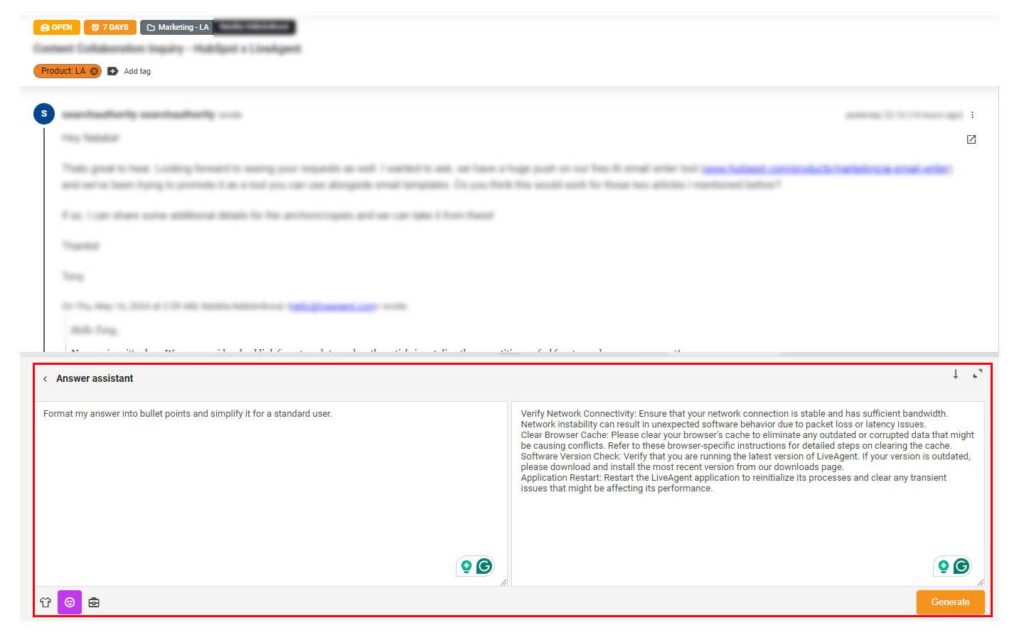 Imagine care afișează opțiunea de asistent de răspuns personalizat cu o solicitare și un mesaj pentru a demonstra acest asistent