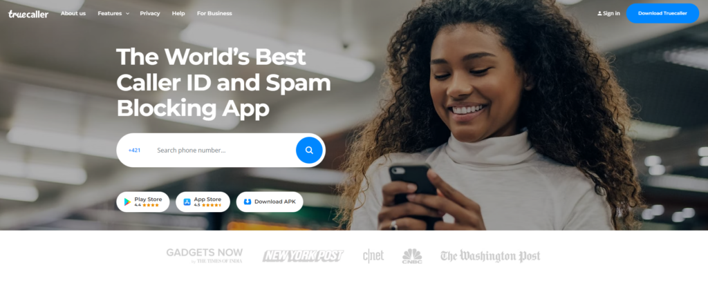 Pagina de pornire TrueCaller